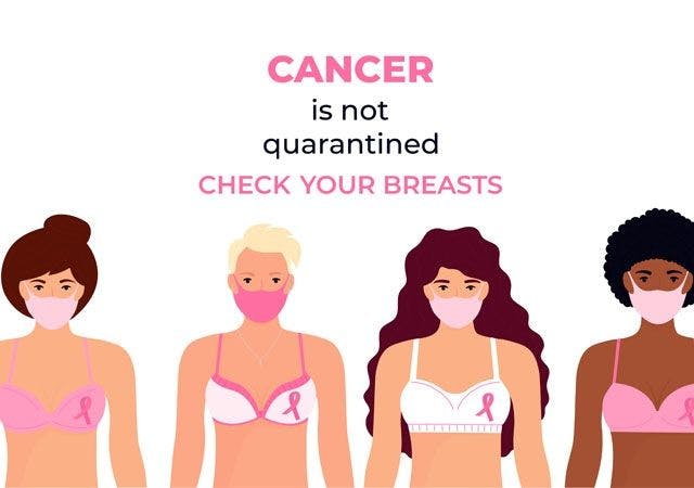 Illustration of women of different races with bras and masks on with the text, "cancer is not quarantined, check your breasts".
