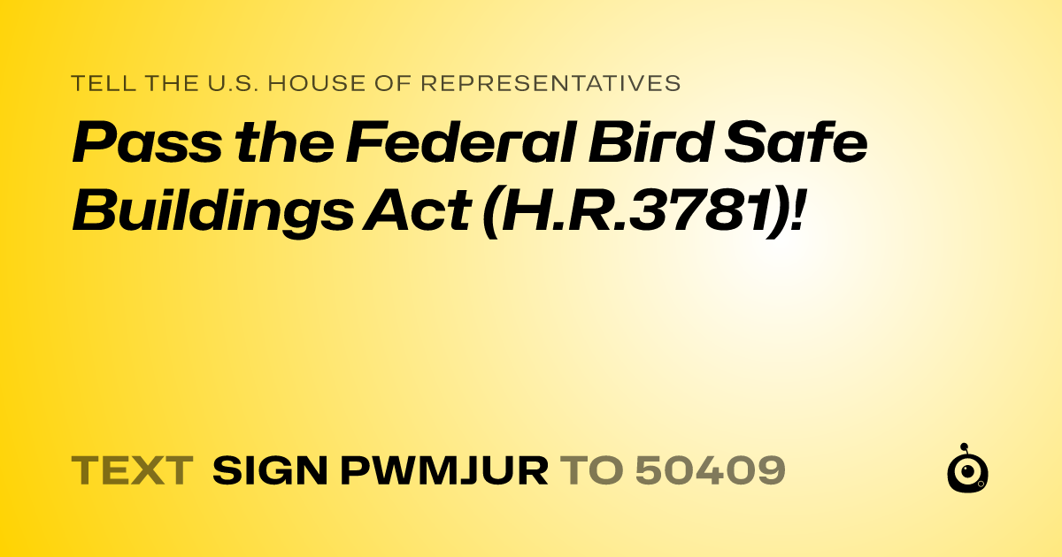 A shareable card that reads "tell the U.S. House of Representatives: Pass the Federal Bird Safe Buildings Act (H.R.3781)!" followed by "text sign PWMJUR to 50409"