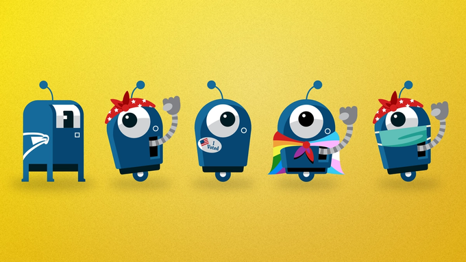 Image of five different Resistbots: a postal service bot, Rosie the Riveter, a voting bot, a bot with a pride flag, and a nurse bot with a surgical mask.
