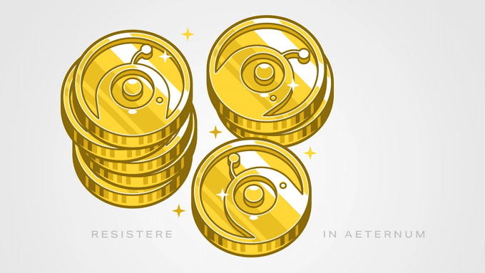 Illustration of Resistbot coins: gold coins with Rosie robots minted into them
