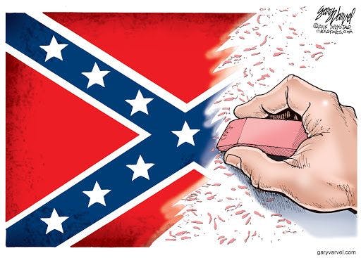 A cartoon showing a hand erasing the Confederate battle flag with a pencil eraser.