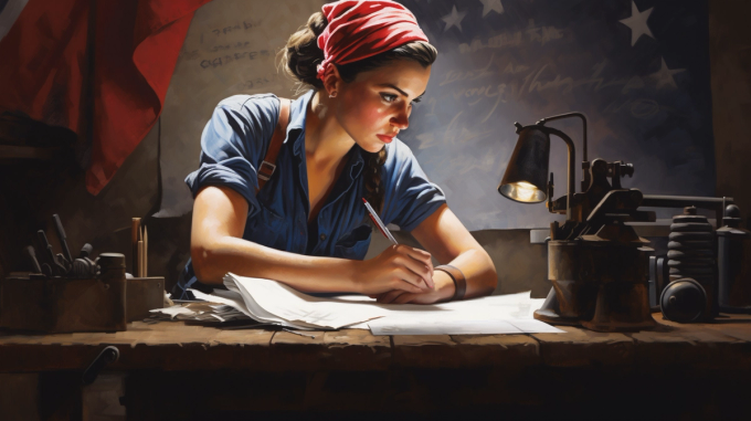 AI-generated image of Rosie the Riveter handwriting letters in a workshop