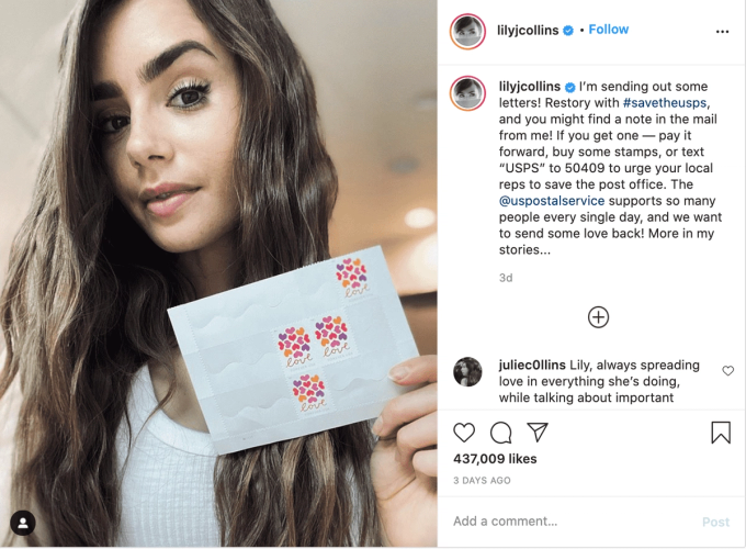 Instagram post from Lily Collins asking her followers to text USPS to 50409