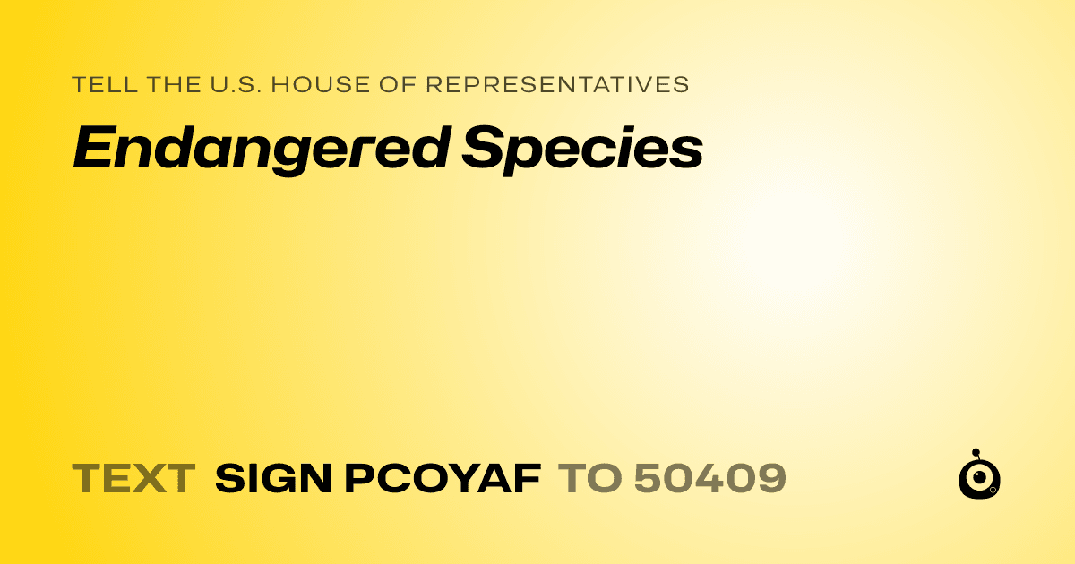 A shareable card that reads "tell the U.S. House of Representatives: Endangered Species" followed by "text sign PCOYAF to 50409"