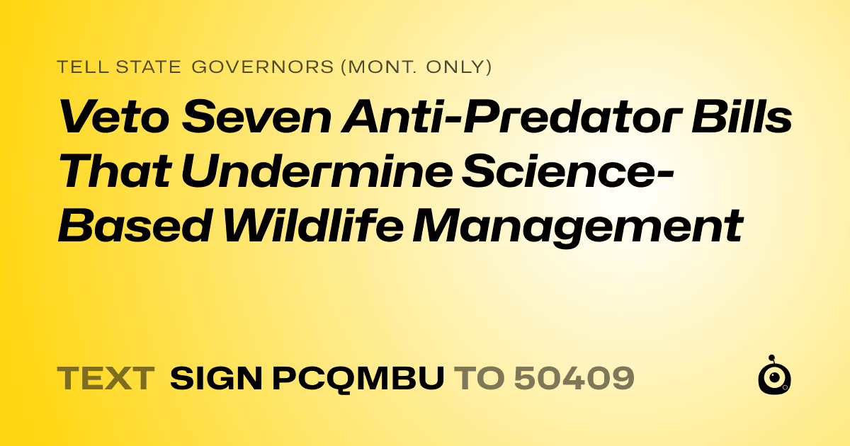 A shareable card that reads "tell State Governors (Mont. only): Veto Seven Anti-Predator Bills That Undermine Science-Based Wildlife Management" followed by "text sign PCQMBU to 50409"