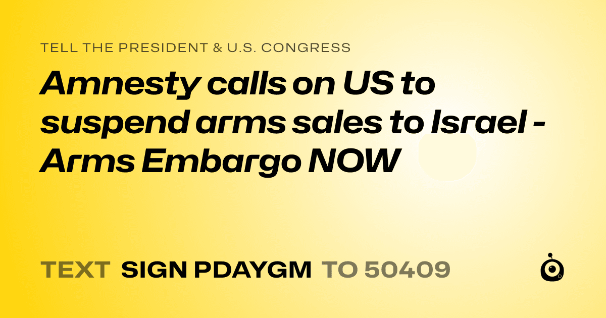 A shareable card that reads "tell the President & U.S. Congress: Amnesty calls on US to suspend arms sales to Israel - Arms Embargo NOW" followed by "text sign PDAYGM to 50409"
