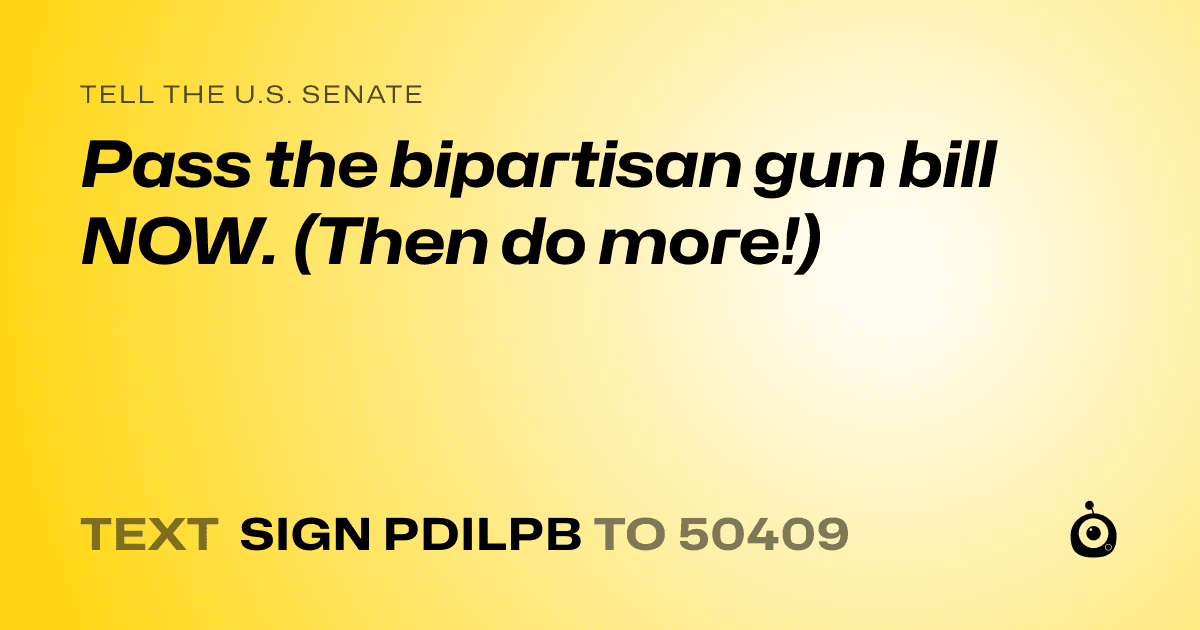 A shareable card that reads "tell the U.S. Senate: Pass the bipartisan gun bill NOW. (Then do more!)" followed by "text sign PDILPB to 50409"