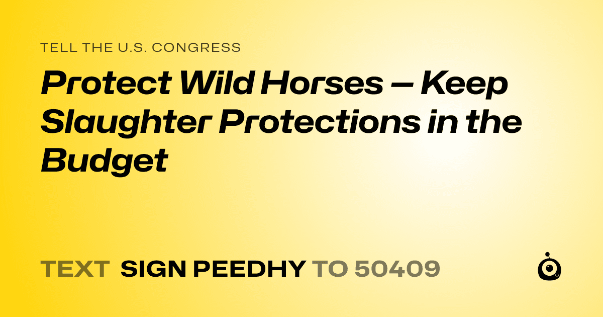 A shareable card that reads "tell the U.S. Congress: Protect Wild Horses — Keep Slaughter Protections in the Budget" followed by "text sign PEEDHY to 50409"