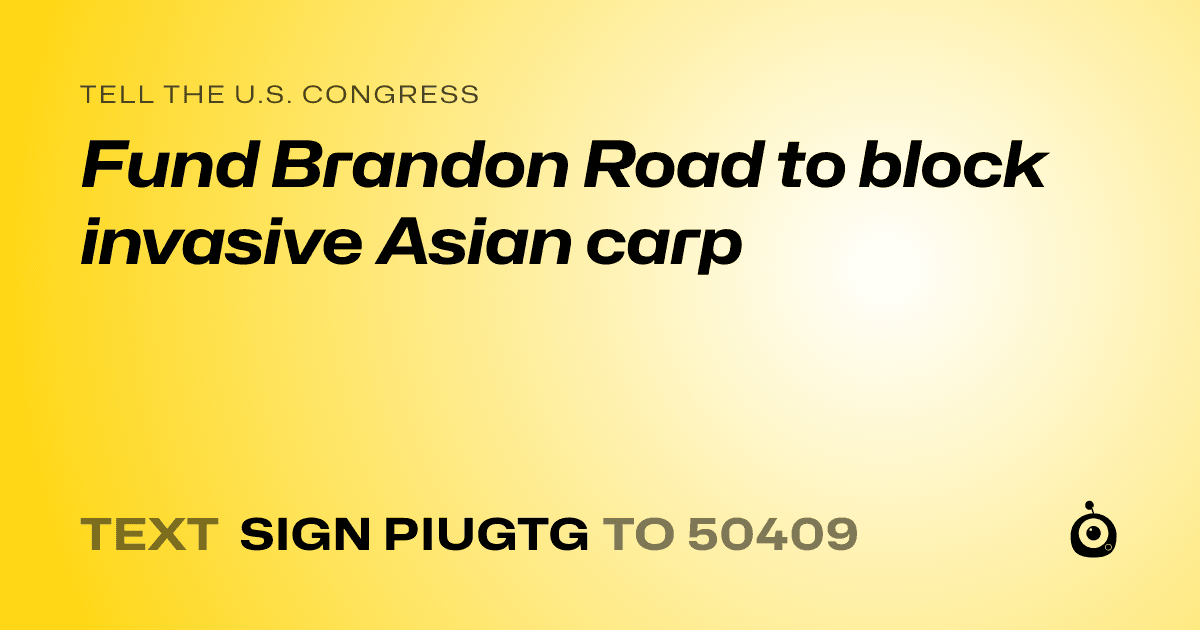 A shareable card that reads "tell the U.S. Congress: Fund Brandon Road to block invasive Asian carp" followed by "text sign PIUGTG to 50409"