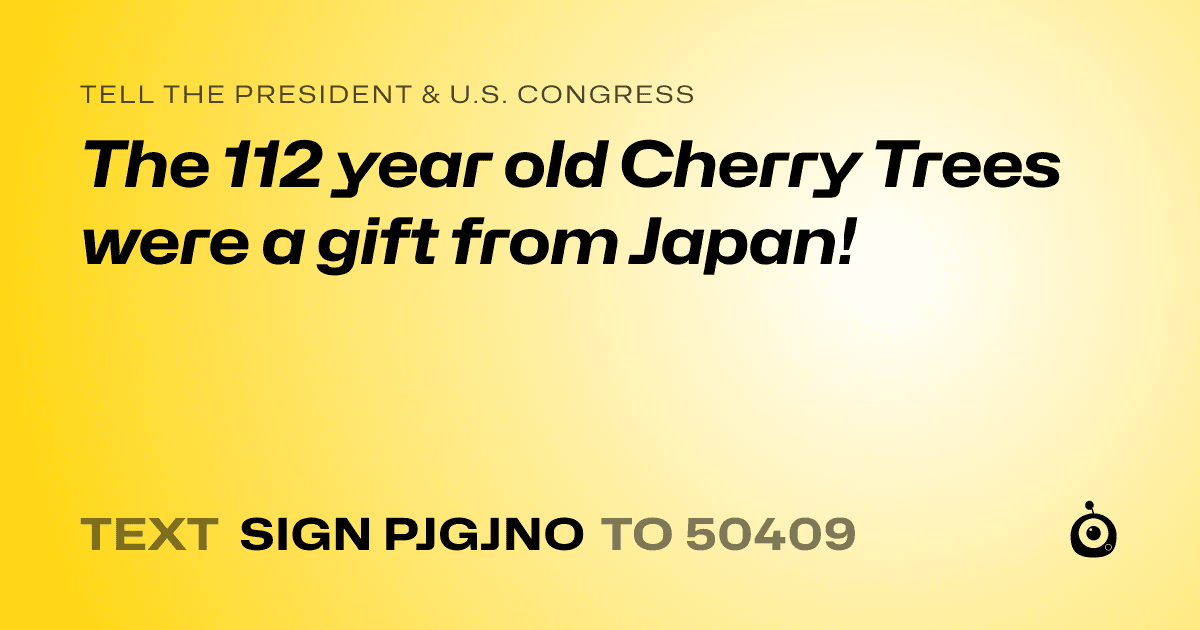 A shareable card that reads "tell the President & U.S. Congress: The 112 year old Cherry Trees were a gift from Japan!" followed by "text sign PJGJNO to 50409"