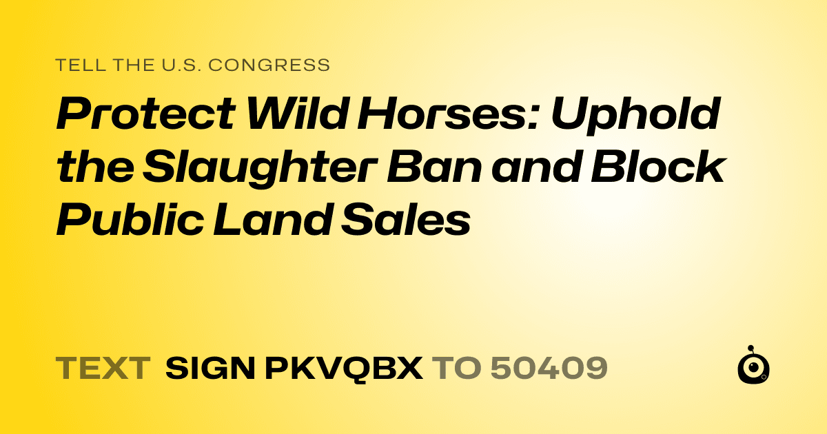 A shareable card that reads "tell the U.S. Congress: Protect Wild Horses: Uphold the Slaughter Ban and Block Public Land Sales" followed by "text sign PKVQBX to 50409"