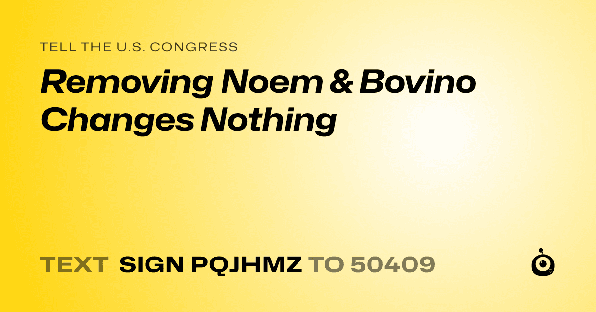 A shareable card that reads "tell the U.S. Congress: Removing Noem & Bovino Changes Nothing" followed by "text sign PQJHMZ to 50409"