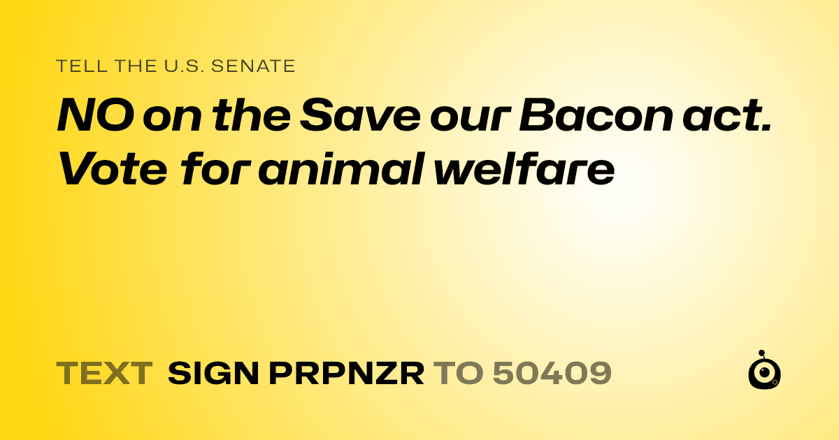 A shareable card that reads "tell the U.S. Senate: NO on the Save our Bacon act. Vote for animal welfare" followed by "text sign PRPNZR to 50409"