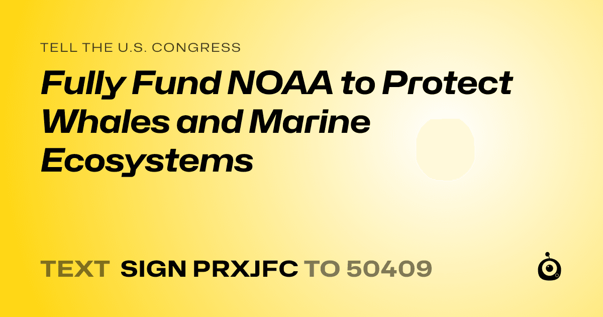A shareable card that reads "tell the U.S. Congress: Fully Fund NOAA to Protect Whales and Marine Ecosystems" followed by "text sign PRXJFC to 50409"