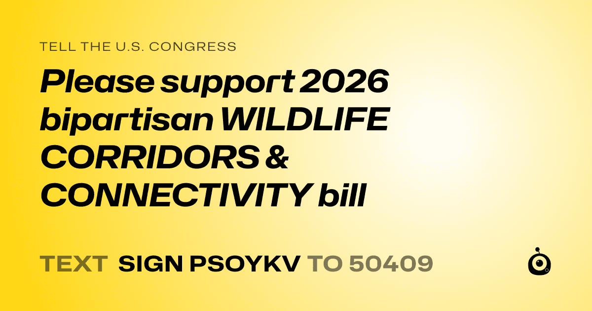 A shareable card that reads "tell the U.S. Congress: Please support 2026 bipartisan WILDLIFE CORRIDORS & CONNECTIVITY bill" followed by "text sign PSOYKV to 50409"