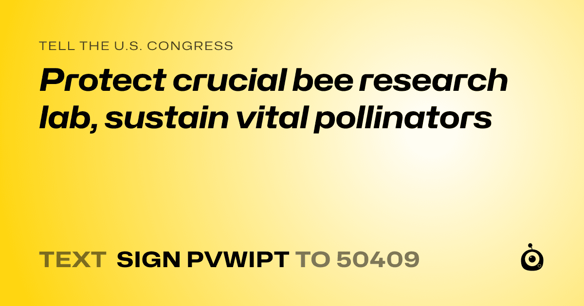 A shareable card that reads "tell the U.S. Congress: Protect crucial bee research lab, sustain vital pollinators" followed by "text sign PVWIPT to 50409"