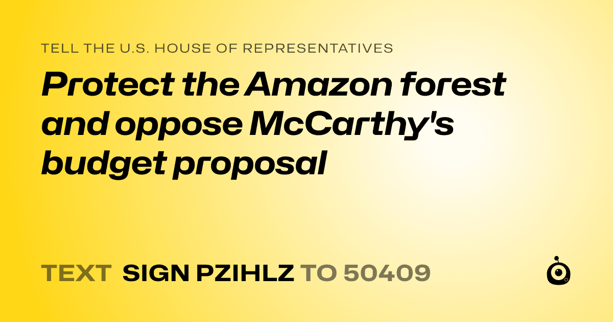 A shareable card that reads "tell the U.S. House of Representatives: Protect the Amazon forest and oppose McCarthy's budget proposal" followed by "text sign PZIHLZ to 50409"