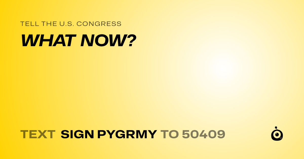 A shareable card that reads "tell the U.S. Congress: WHAT NOW?" followed by "text sign PYGRMY to 50409"