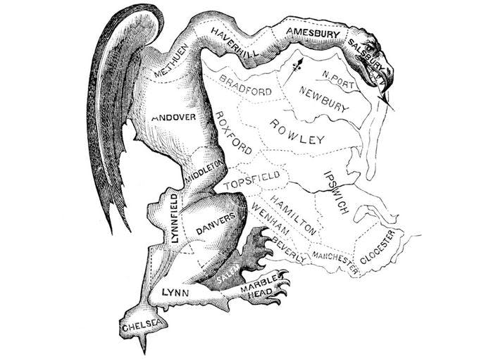Illustration of a monster created from gerrymandering shapes in England from 1812.