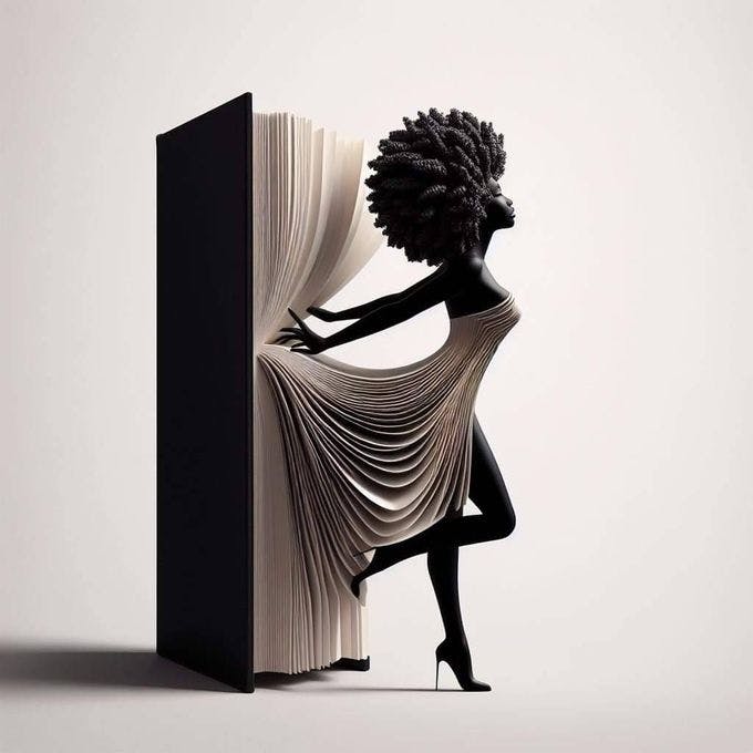 An artistic rendering of a Black woman emerging from the pages of a book, with the pages draped over her like a luxurious dress