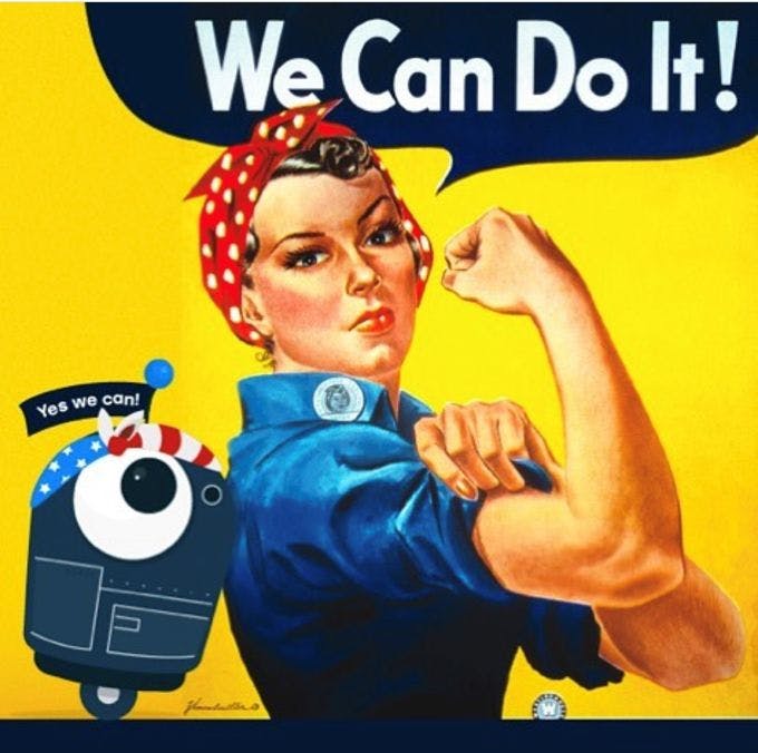 Rosie the Resistbot next to Rosie the Riveter