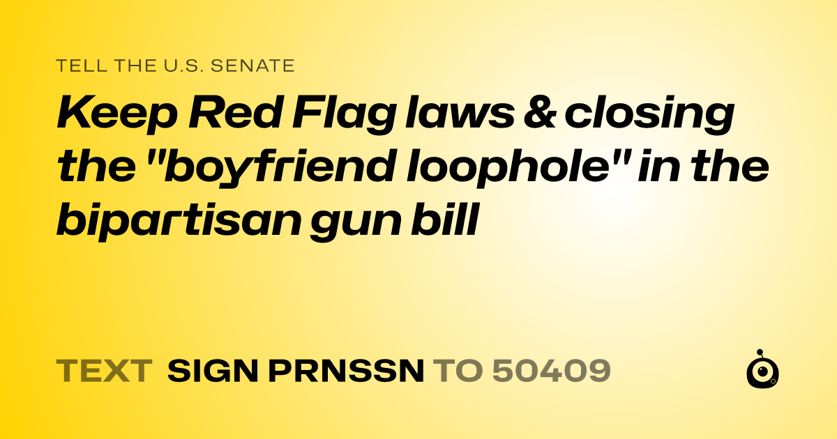 A shareable card that reads "tell the U.S. Senate: Keep Red Flag laws & closing the "boyfriend loophole" in the bipartisan gun bill" followed by "text sign PRNSSN to 50409"