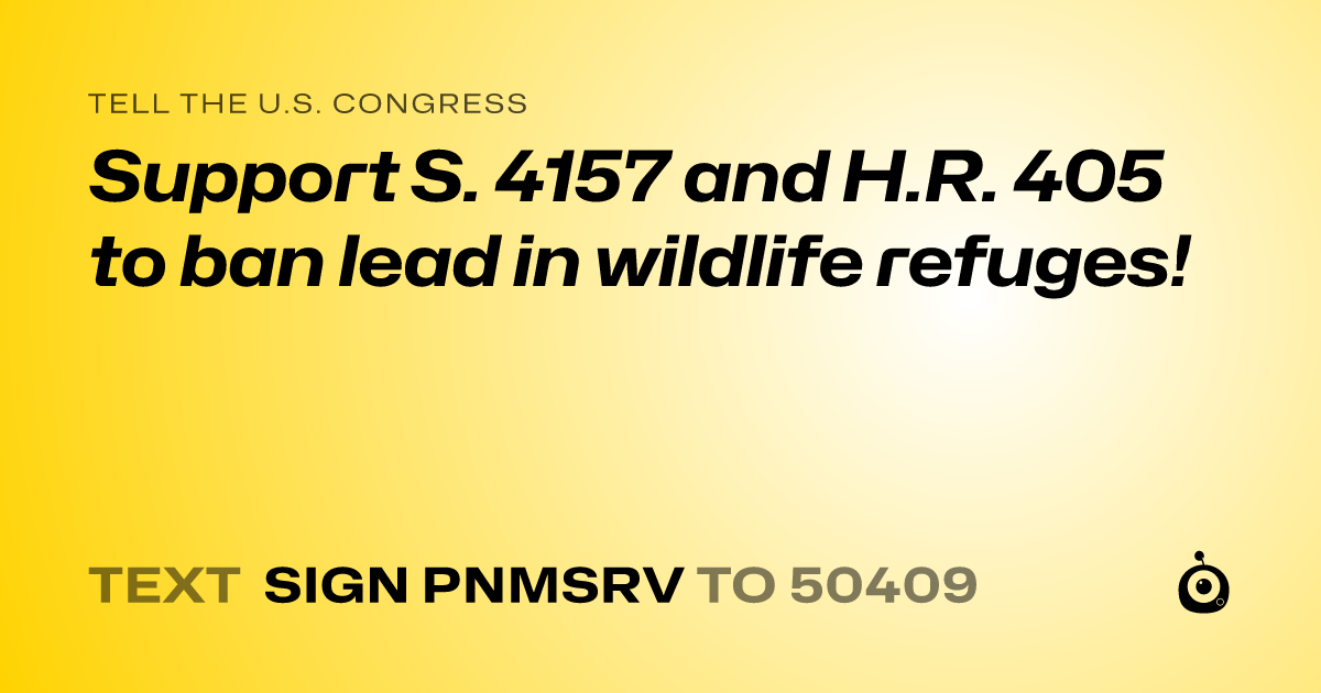 A shareable card that reads "tell the U.S. Congress: Support S. 4157 and H.R. 405 to ban lead in wildlife refuges!" followed by "text sign PNMSRV to 50409"